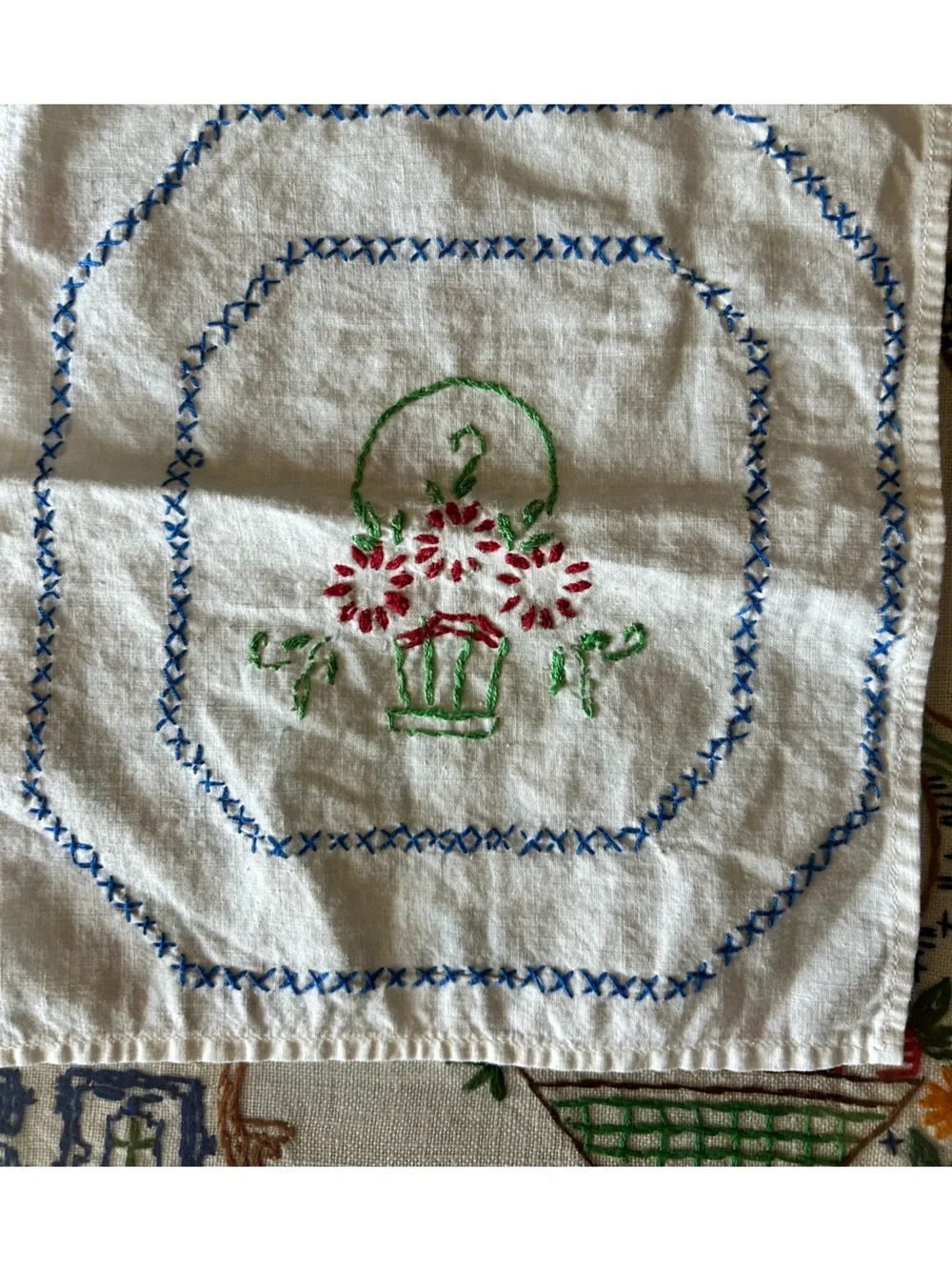 Vintage Hand-Embroidered Floral Linen Square flower basket hankie doily